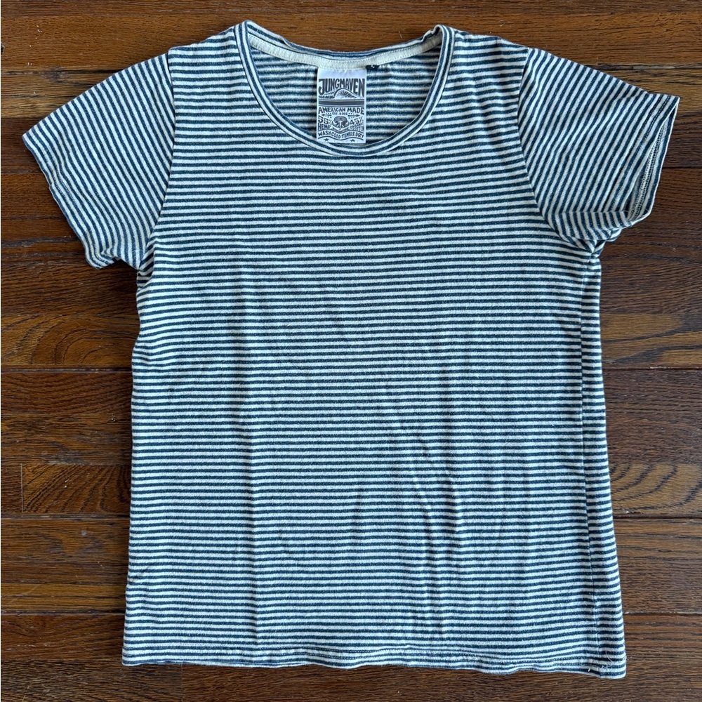Blue and white striped Jungmaven hemp blend t-shirt size L